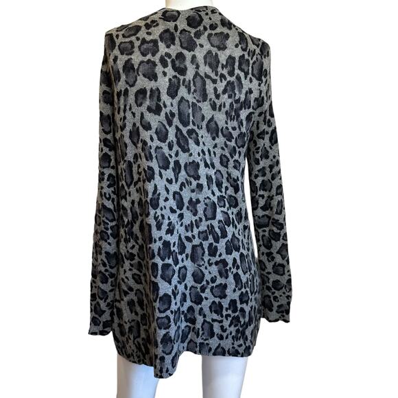 White + Warren Cashmere Gray & Black Animal Print Open Front Cardigan sz S - Picture 2 of 7